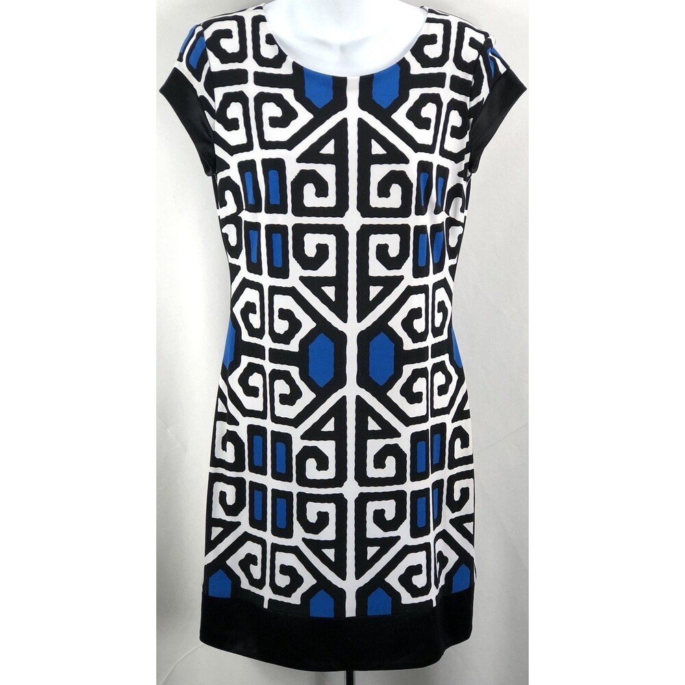 Cache Sheath Dress 8 Blue Blk Geo Tribal ShortSleeve Career abstract Y2K artsy